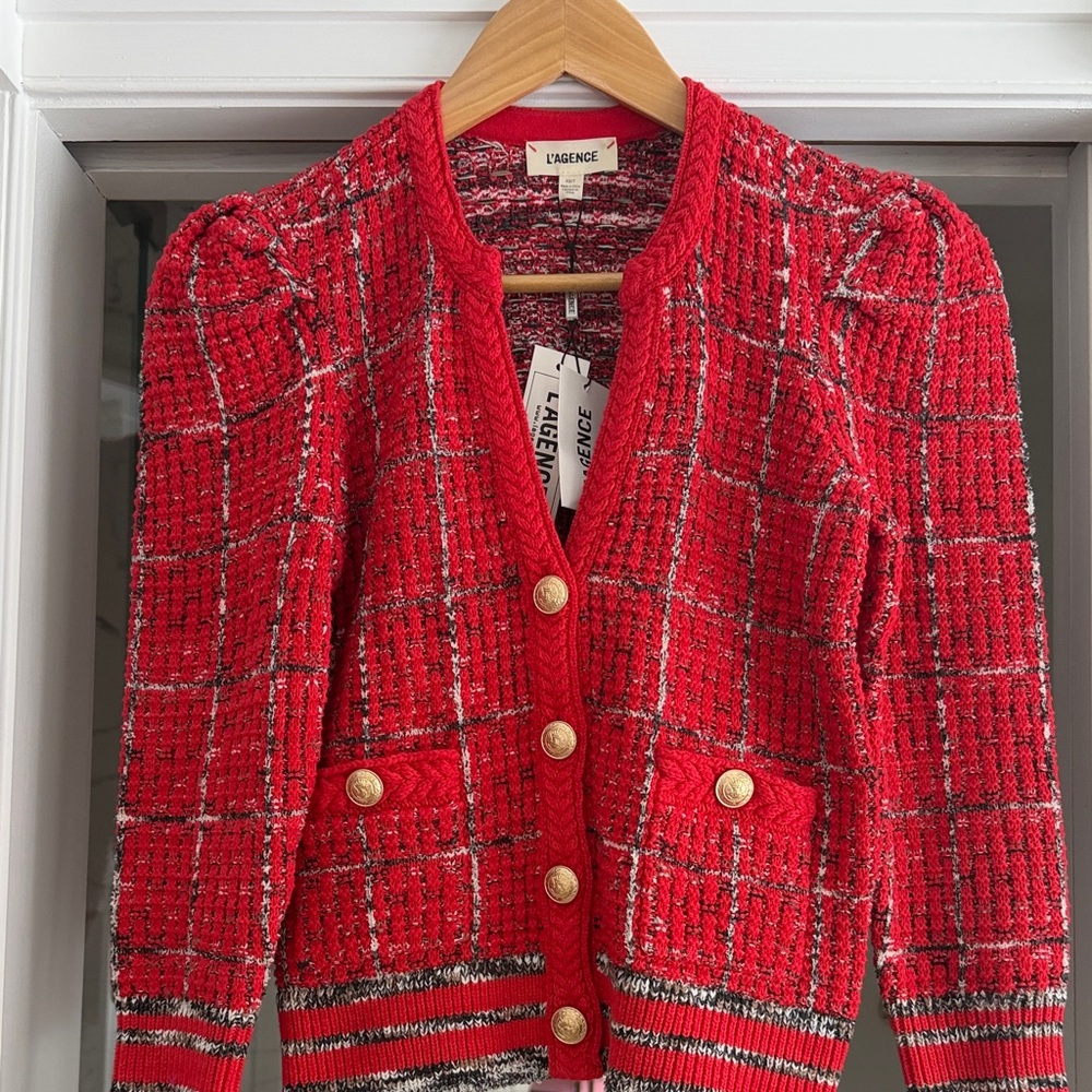 L'AGENCE Red Checkered Blazer with Gold Buttons